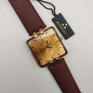 Fitron Gold Square Watch with Brown Leather Strap